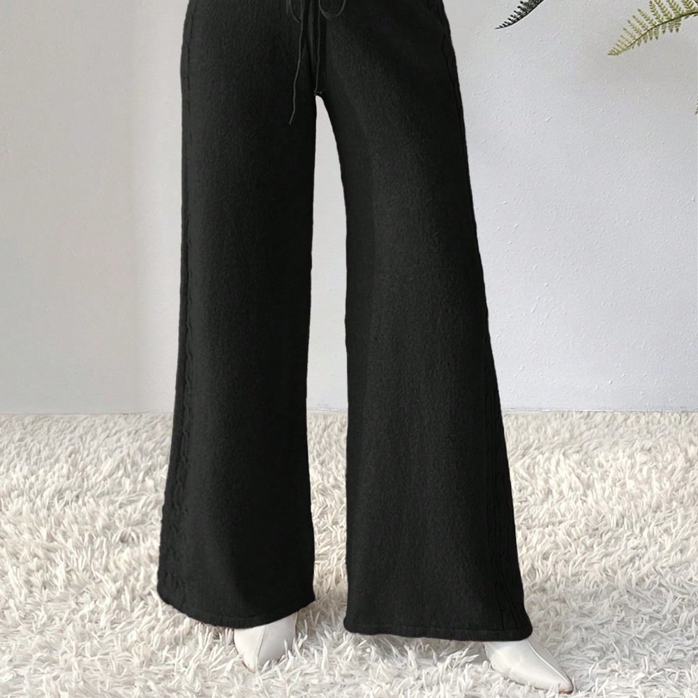 Black Casual Womens Drawstring Waist Wide Leg Knit Pants - Picture 4 of 5